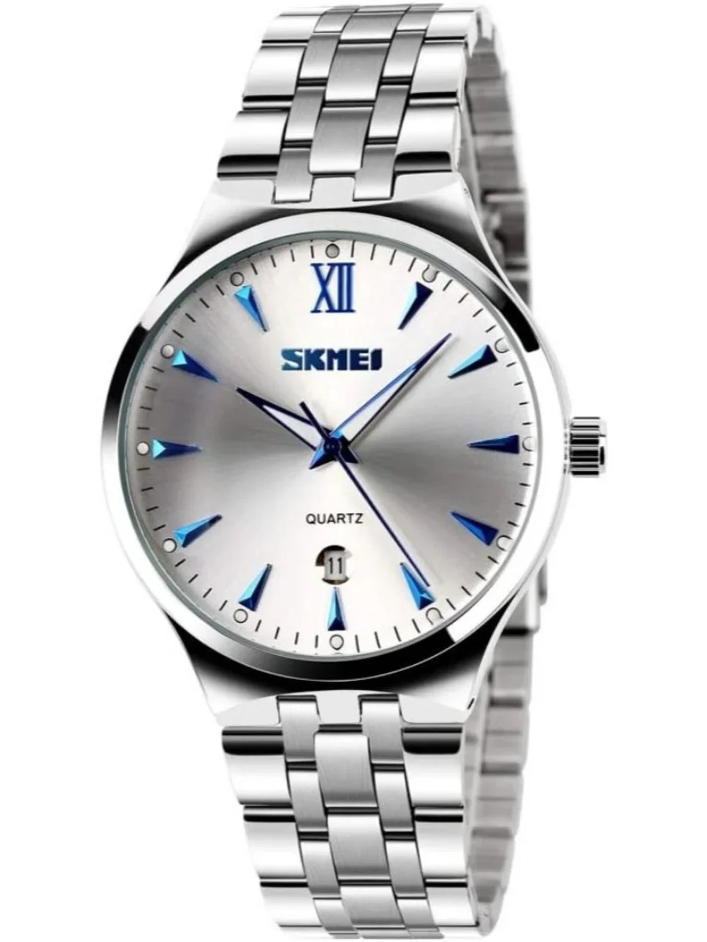 Men's Silver Blue Analog Stainless Steel Roman Numeral Waterproof Luxury Watch